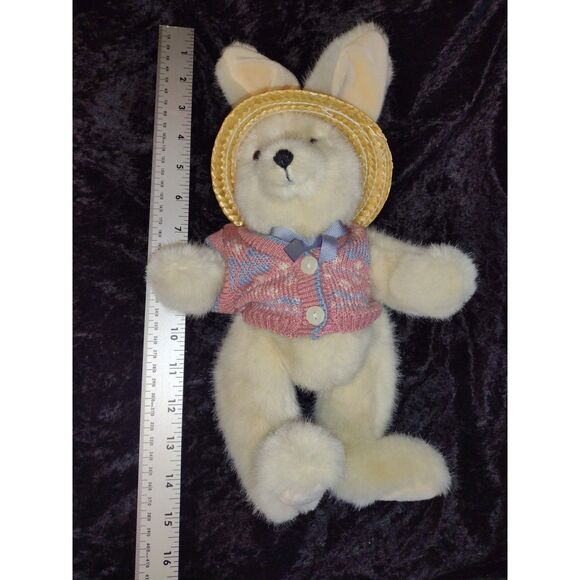 Plush Stuffed‎ Jointed Easter Bunny Rabbit with Pink Blue Sweater and Straw Hat - Picture 2 of 6